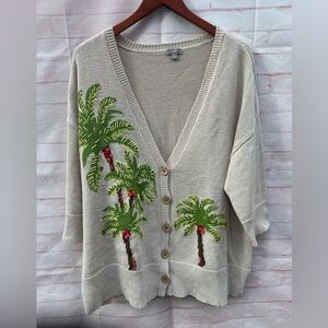 J Jill size XL linen blend cardigan sweater tropical embroidery